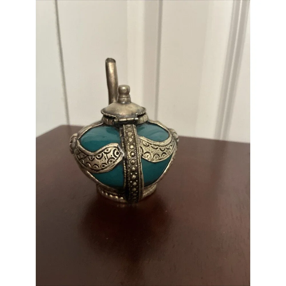 Vintage Moroccan Miniature Teapot Teal Ceramic Silver Metal Filigree Decorative